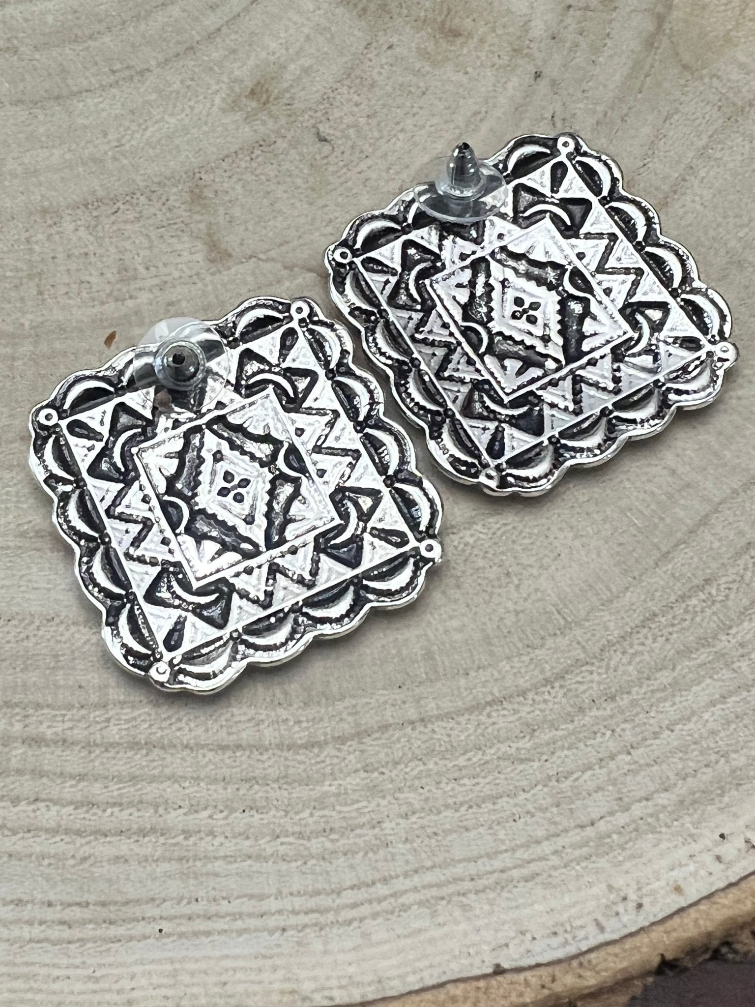 Western Square Concho Fashion Earrings — 1¼" Geometric Statement - Rooted & Reckless Co.