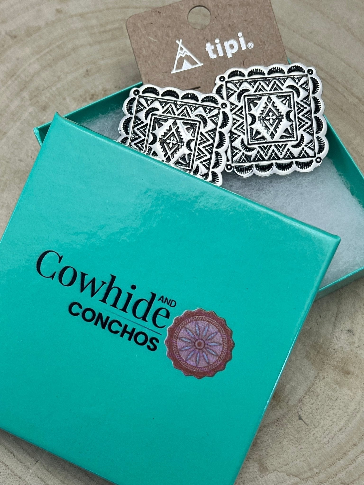 Western Square Concho Fashion Earrings — 1¼" Geometric Statement - Rooted & Reckless Co.