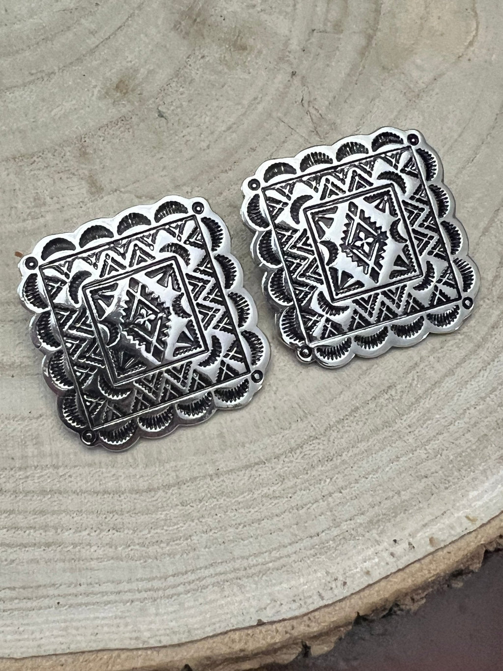 Western Square Concho Fashion Earrings — 1¼" Geometric Statement - Rooted & Reckless Co.
