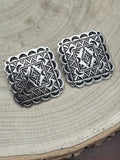 Western Square Concho Fashion Earrings — 1¼" Geometric Statement - Rooted & Reckless Co.