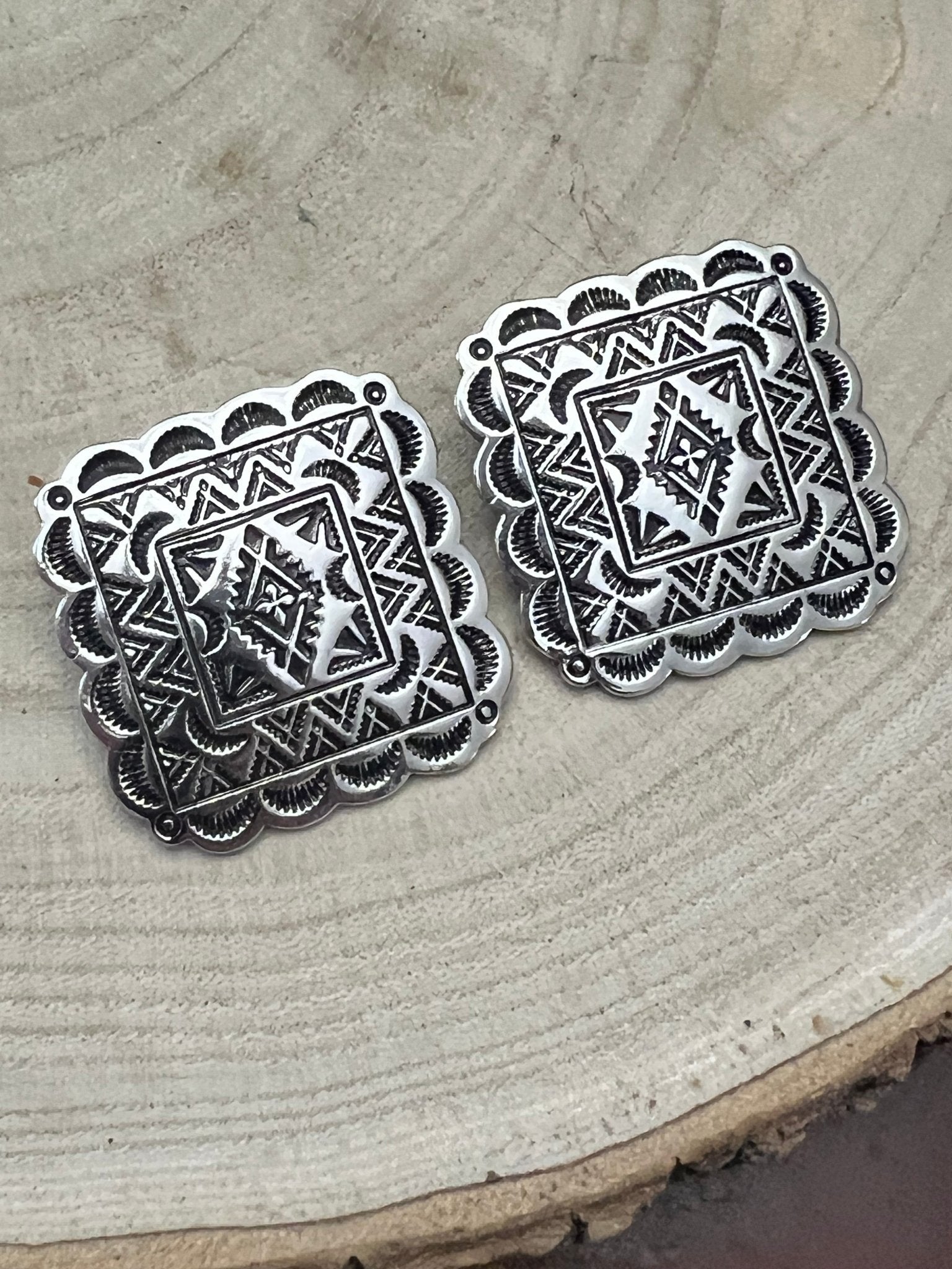 Western Square Concho Fashion Earrings — 1¼" Geometric Statement - Rooted & Reckless Co.