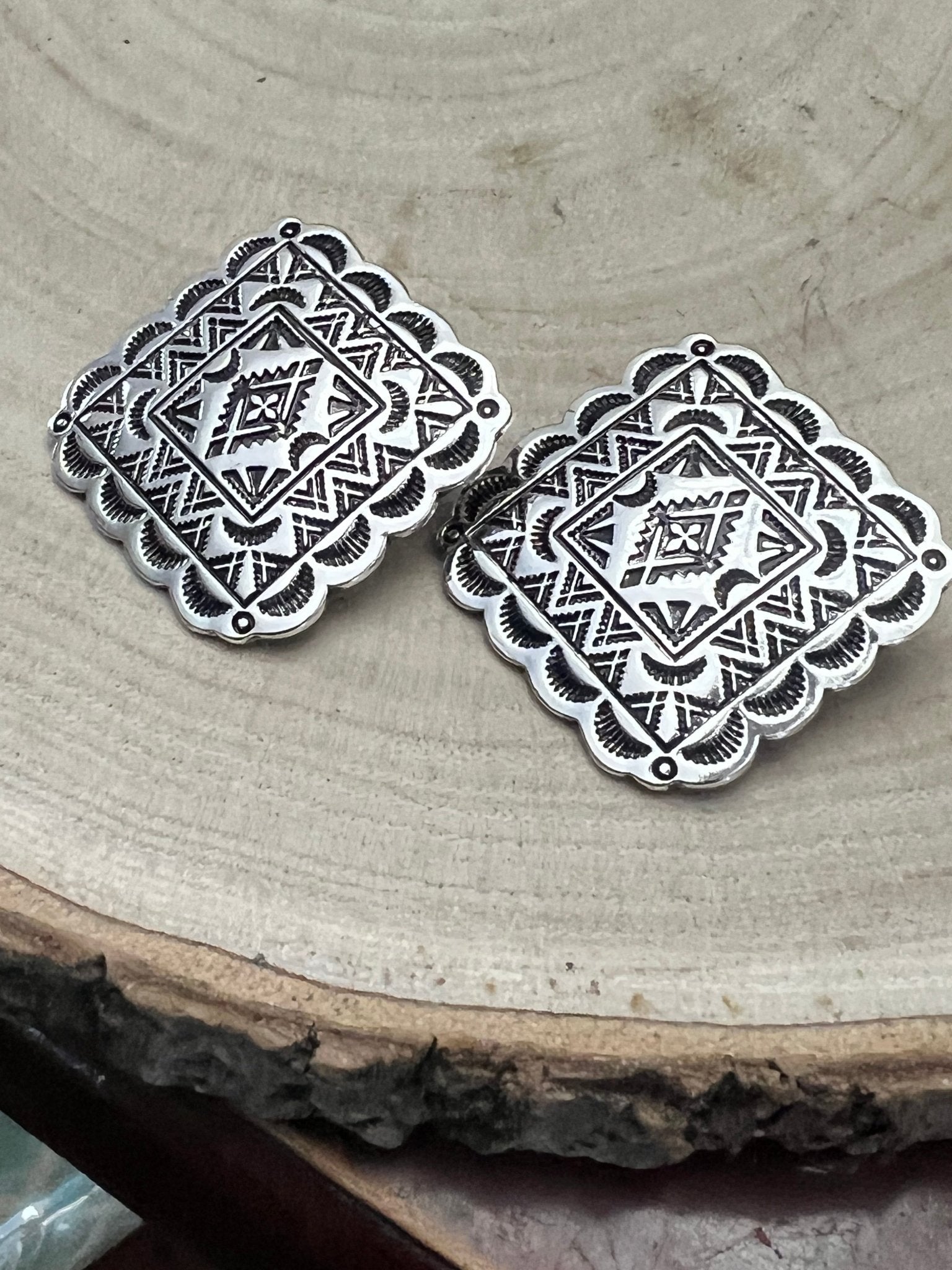 Western Square Concho Fashion Earrings — 1¼" Geometric Statement - Rooted & Reckless Co.