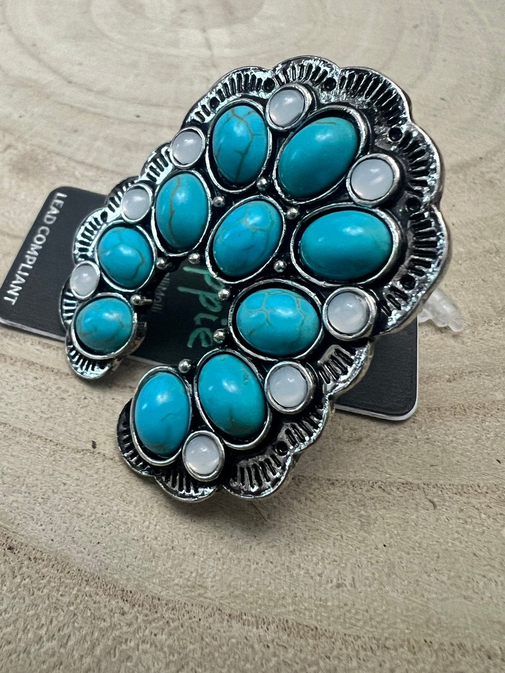 Western Squash Blossom Adjustable Ring — Faux Turquoise & Faux Opal Hand Statement - Rooted & Reckless Co.