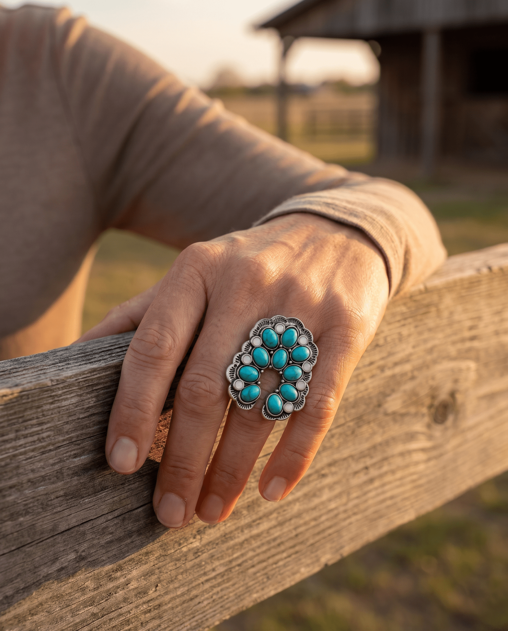 Western Squash Blossom Adjustable Ring — Faux Turquoise & Faux Opal Hand Statement - Rooted & Reckless Co.