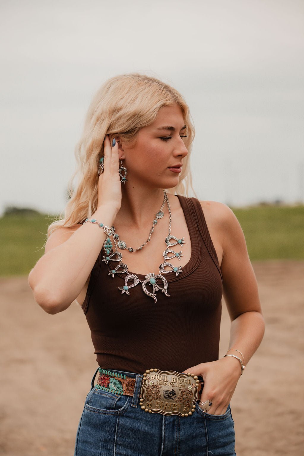 Western Squash Blossom Necklace & Earring Set with Faux Turquoise — 24 Inch Southwestern Set - Rooted & Reckless Co.
