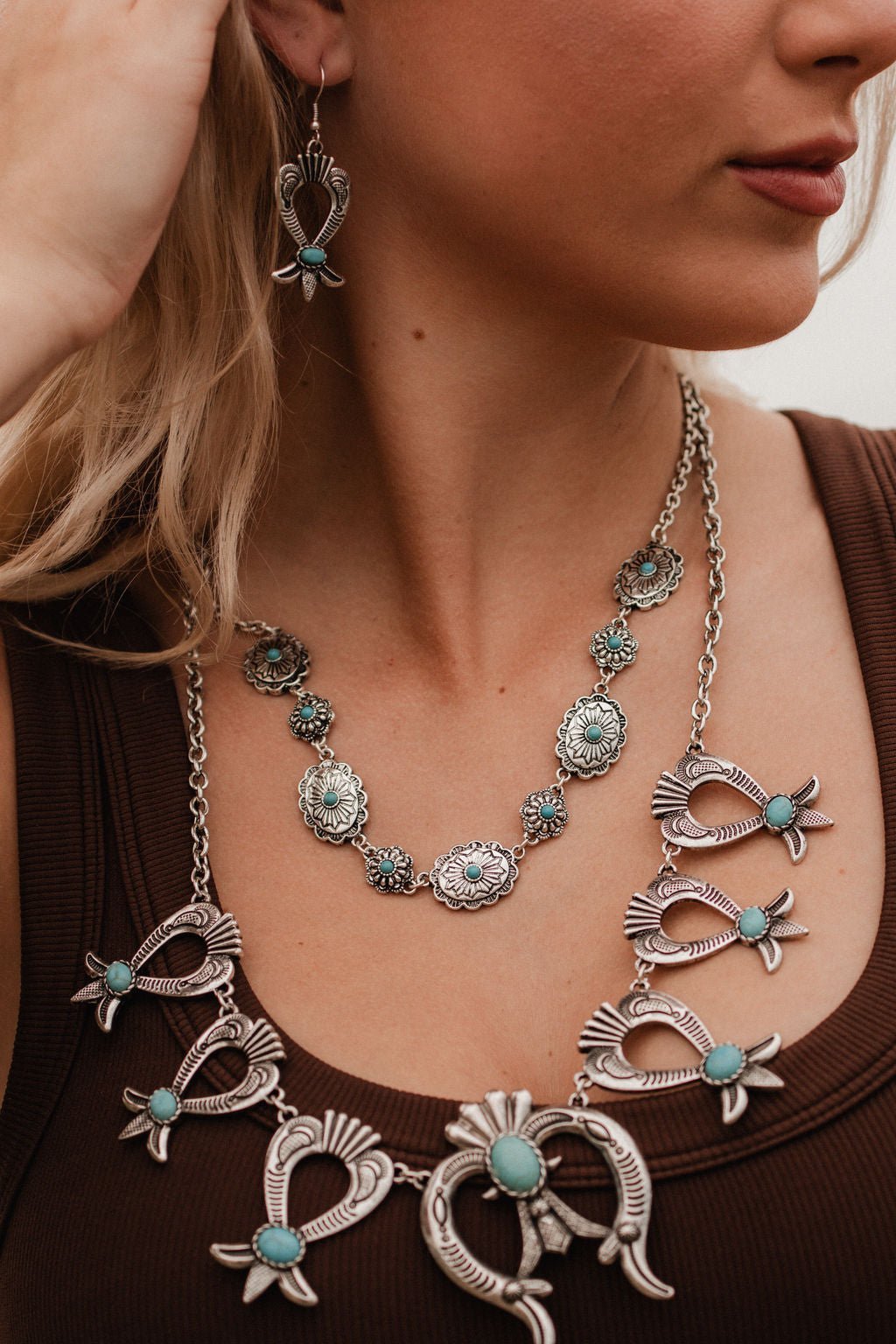Western Squash Blossom Necklace & Earring Set with Faux Turquoise — 24 Inch Southwestern Set - Rooted & Reckless Co.