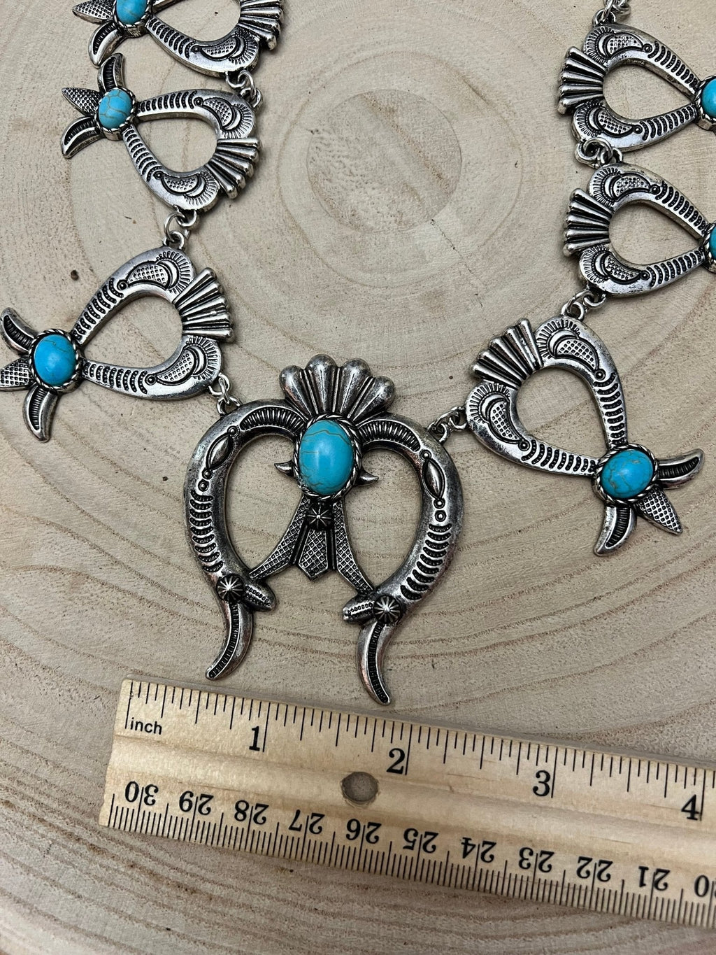 Western Squash Blossom Necklace & Earring Set with Faux Turquoise — 24 Inch Southwestern Set - Rooted & Reckless Co.