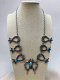Western Squash Blossom Necklace & Earring Set with Faux Turquoise — 24 Inch Southwestern Set - Rooted & Reckless Co.