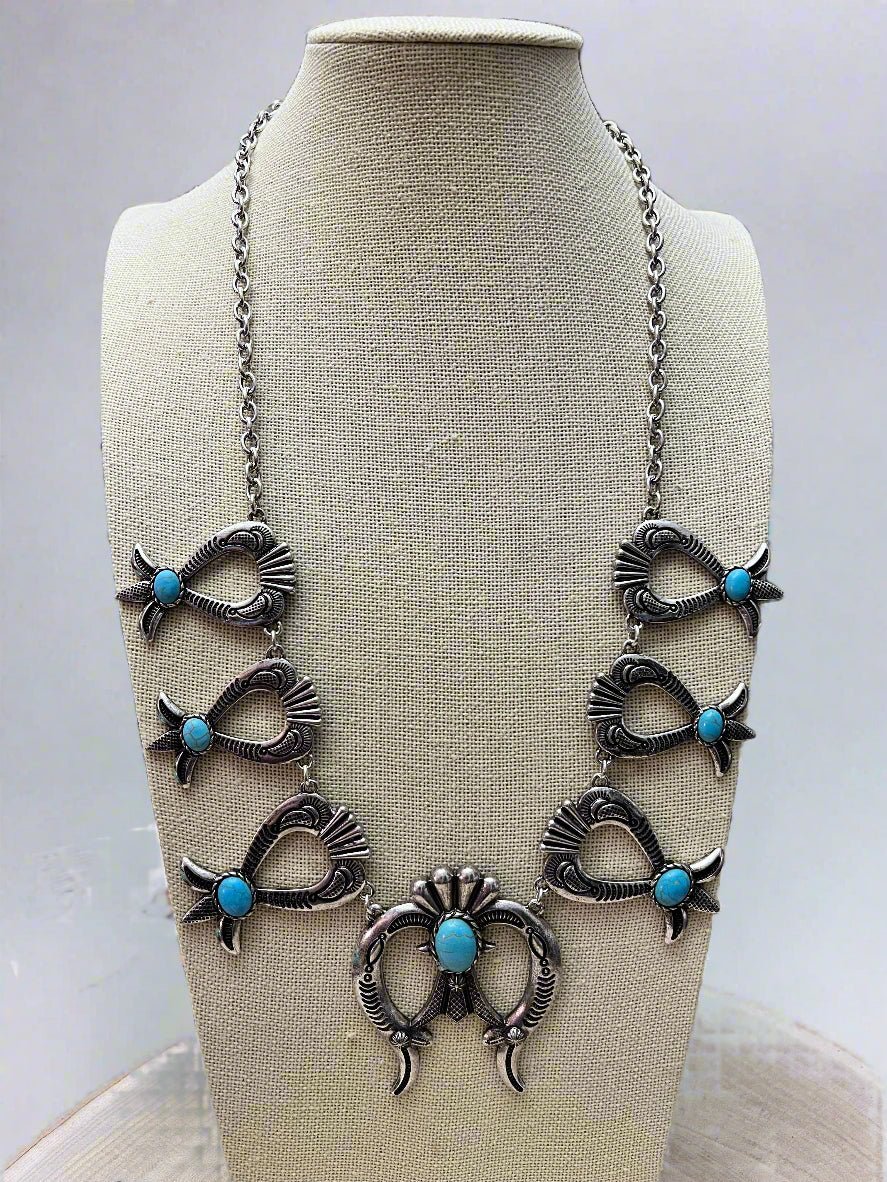 Western Squash Blossom Necklace & Earring Set with Faux Turquoise — 24 Inch Southwestern Set - Rooted & Reckless Co.