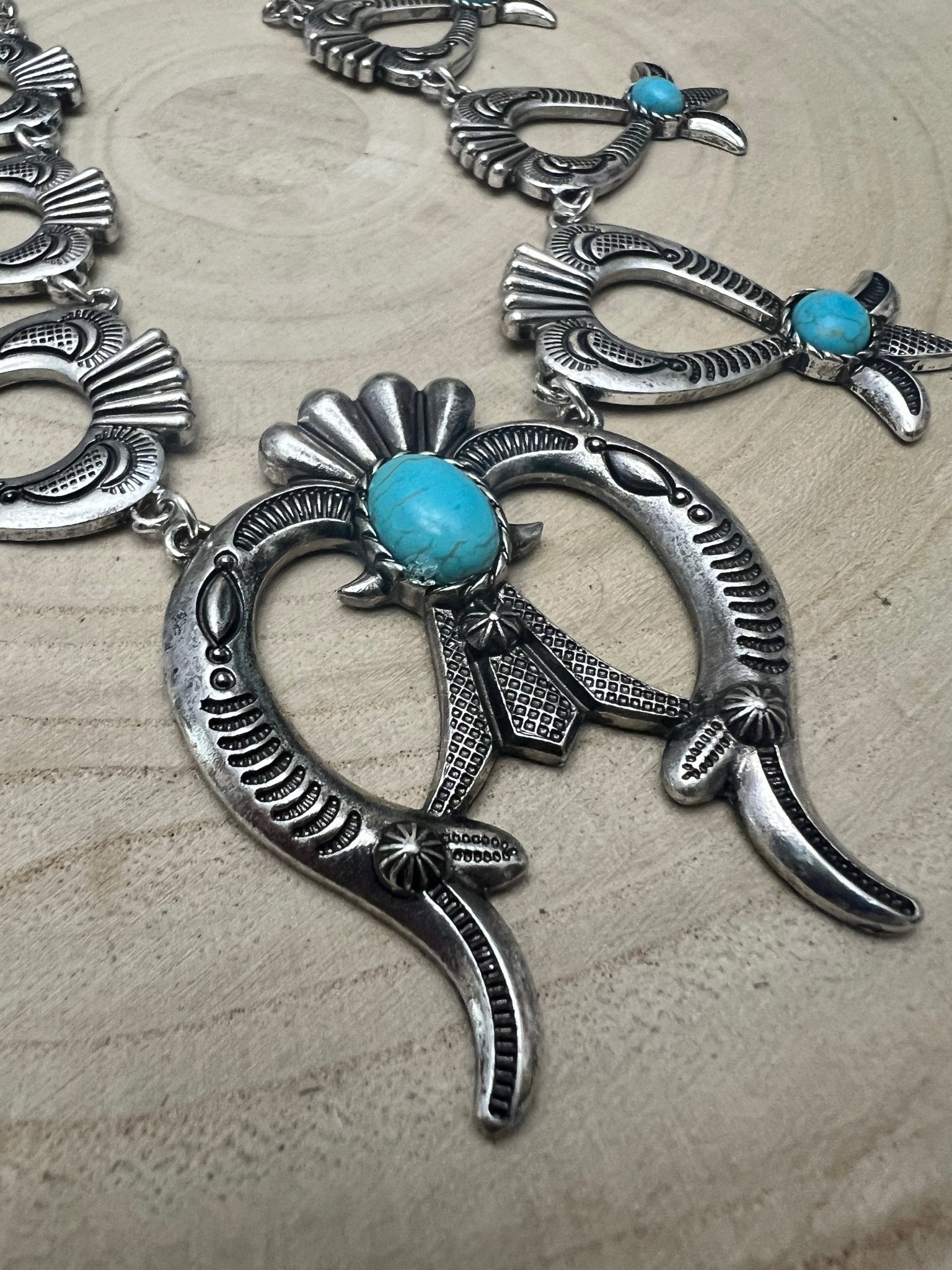 Western Squash Blossom Necklace & Earring Set with Faux Turquoise — 24 Inch Southwestern Set - Rooted & Reckless Co.