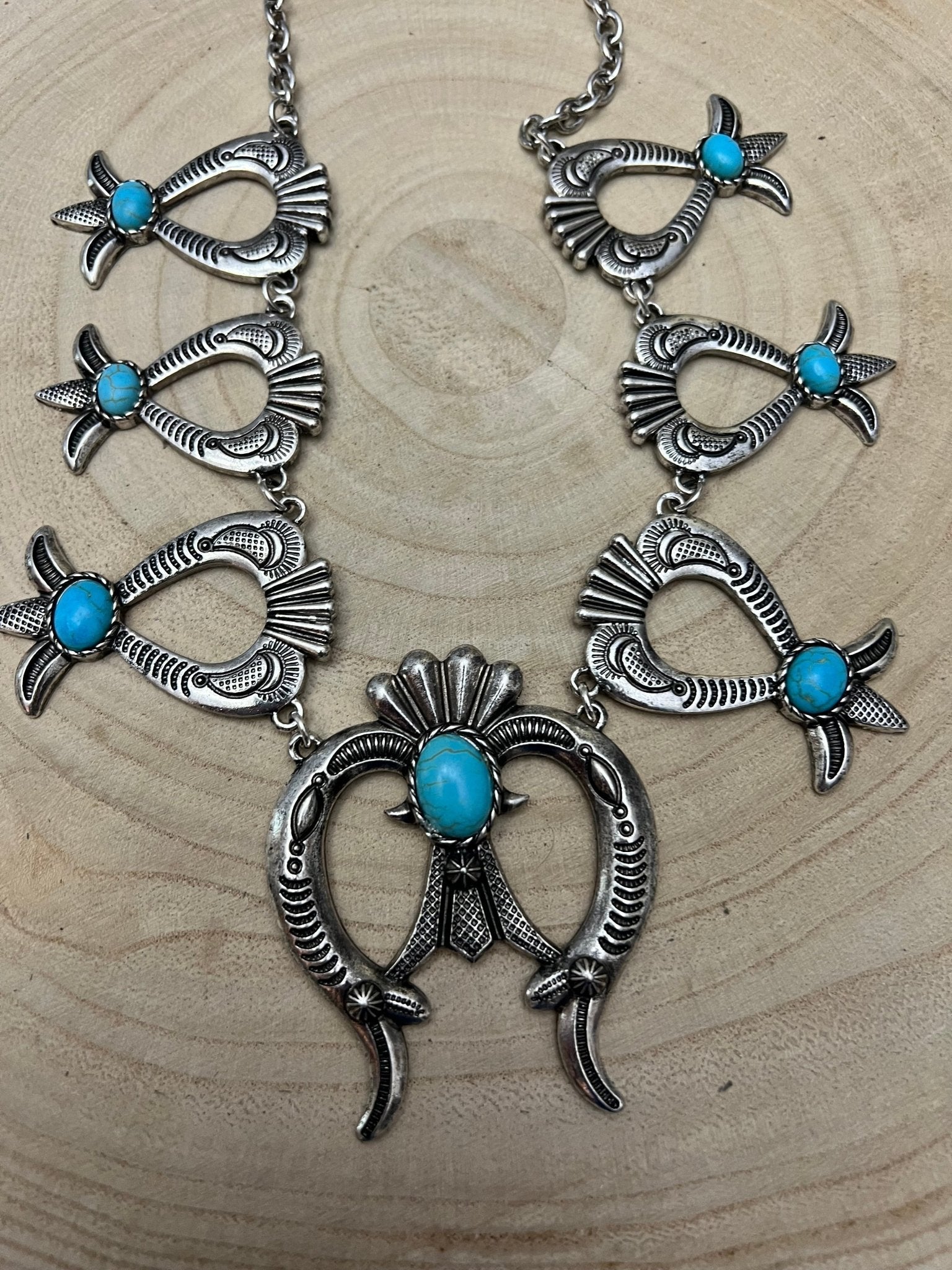 Western Squash Blossom Necklace & Earring Set with Faux Turquoise — 24 Inch Southwestern Set - Rooted & Reckless Co.