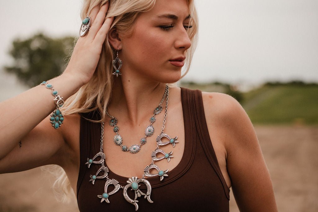Western Squash Blossom Necklace & Earring Set with Faux Turquoise — 24 Inch Southwestern Set - Rooted & Reckless Co.