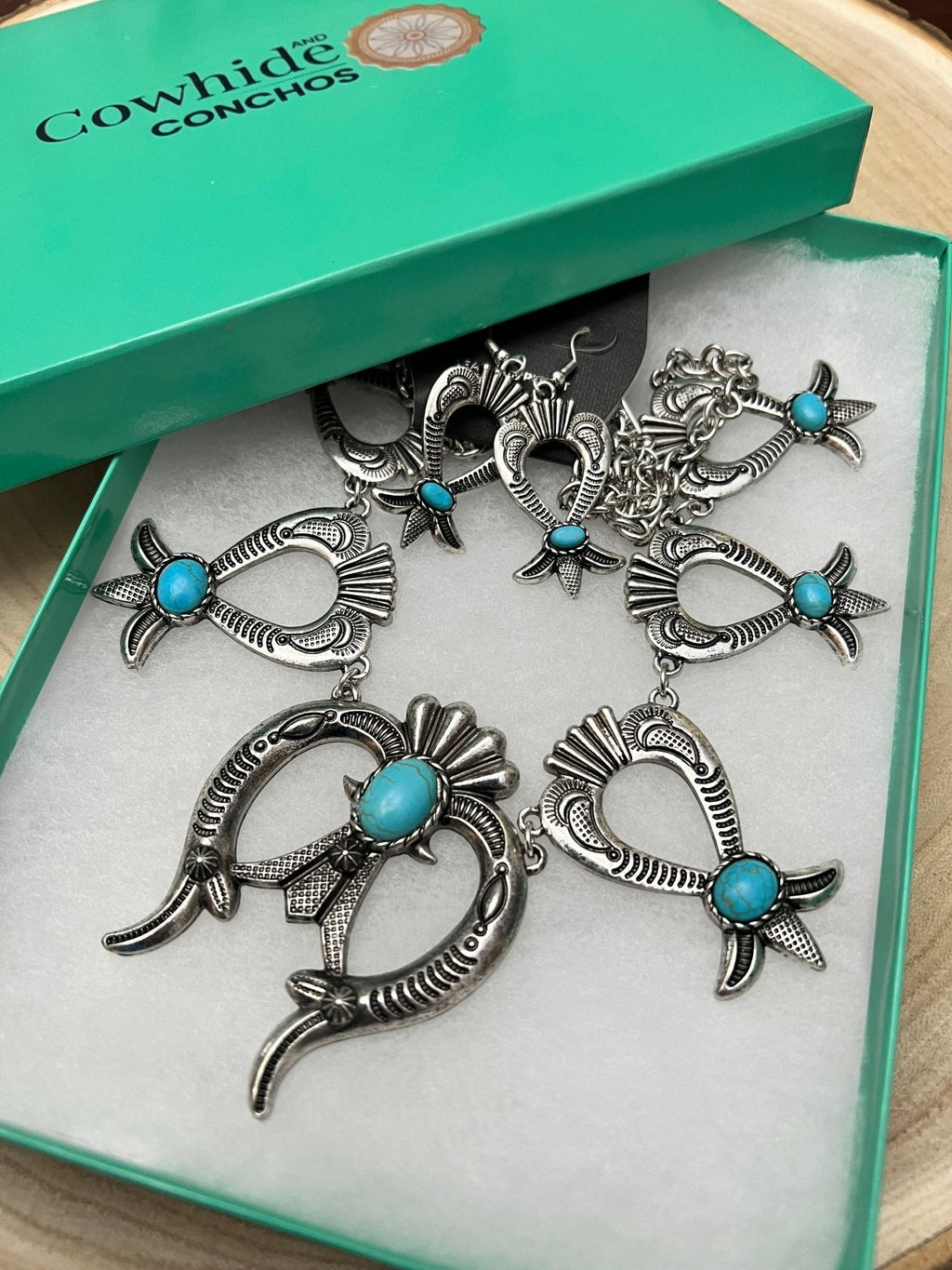 Western Squash Blossom Necklace & Earring Set with Faux Turquoise — 24 Inch Southwestern Set - Rooted & Reckless Co.
