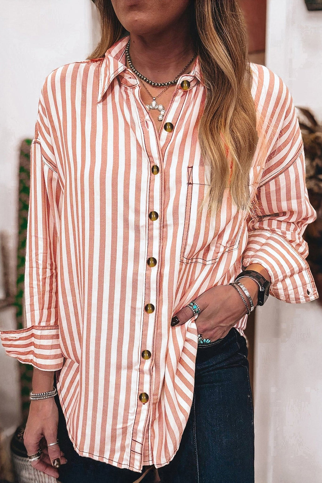 Western Stripe Button Down Long Sleeve Shirt - Rooted & Reckless Co.