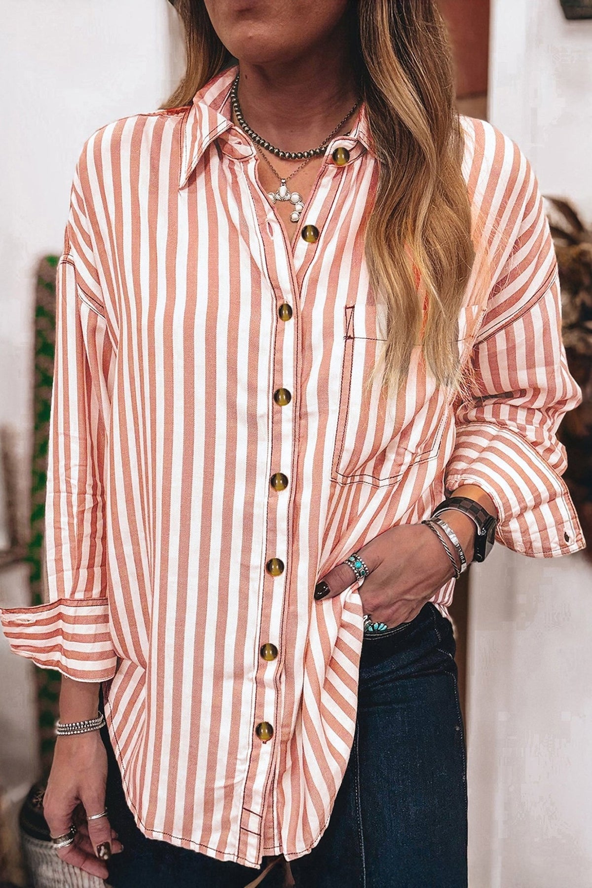 Western Stripe Button Down Long Sleeve Shirt - Rooted & Reckless Co.