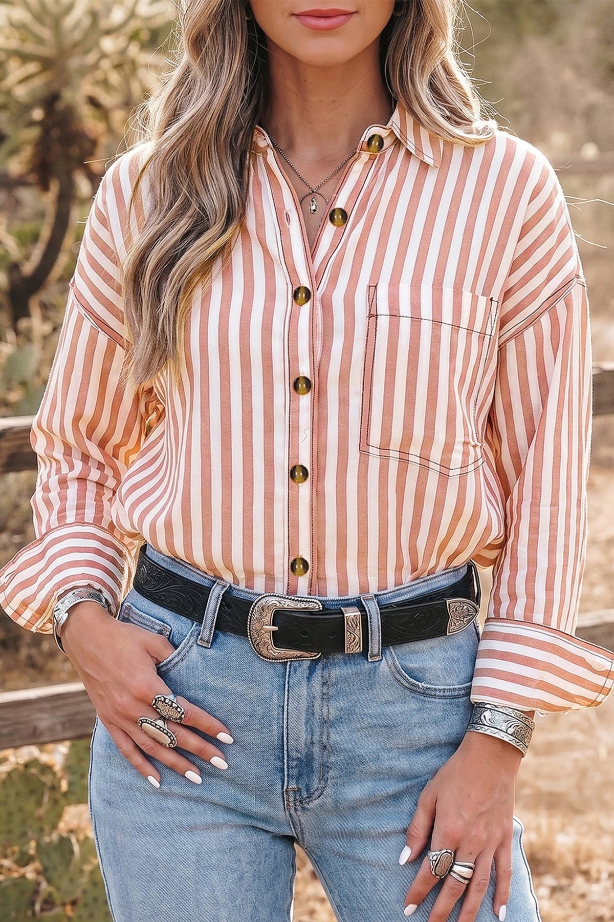 Western Stripe Button Down Long Sleeve Shirt - Rooted & Reckless Co.