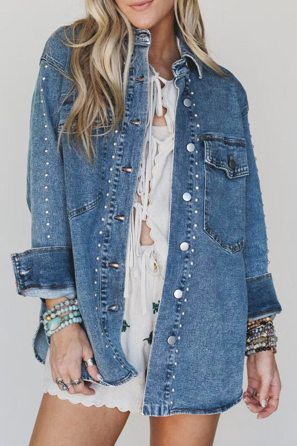 Western Studded Denim Buttoned Chest Pocket Jacket - Rooted & Reckless Co.