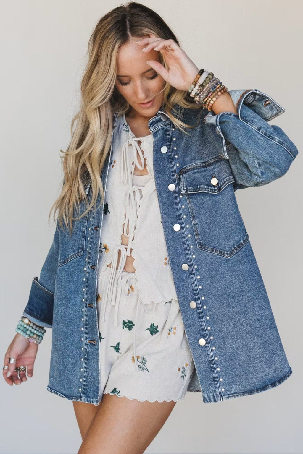 Western Studded Denim Buttoned Chest Pocket Jacket - Rooted & Reckless Co.