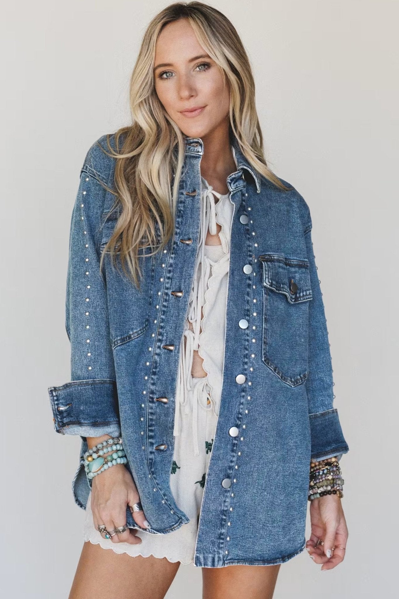 Western Studded Denim Buttoned Chest Pocket Jacket - Rooted & Reckless Co.
