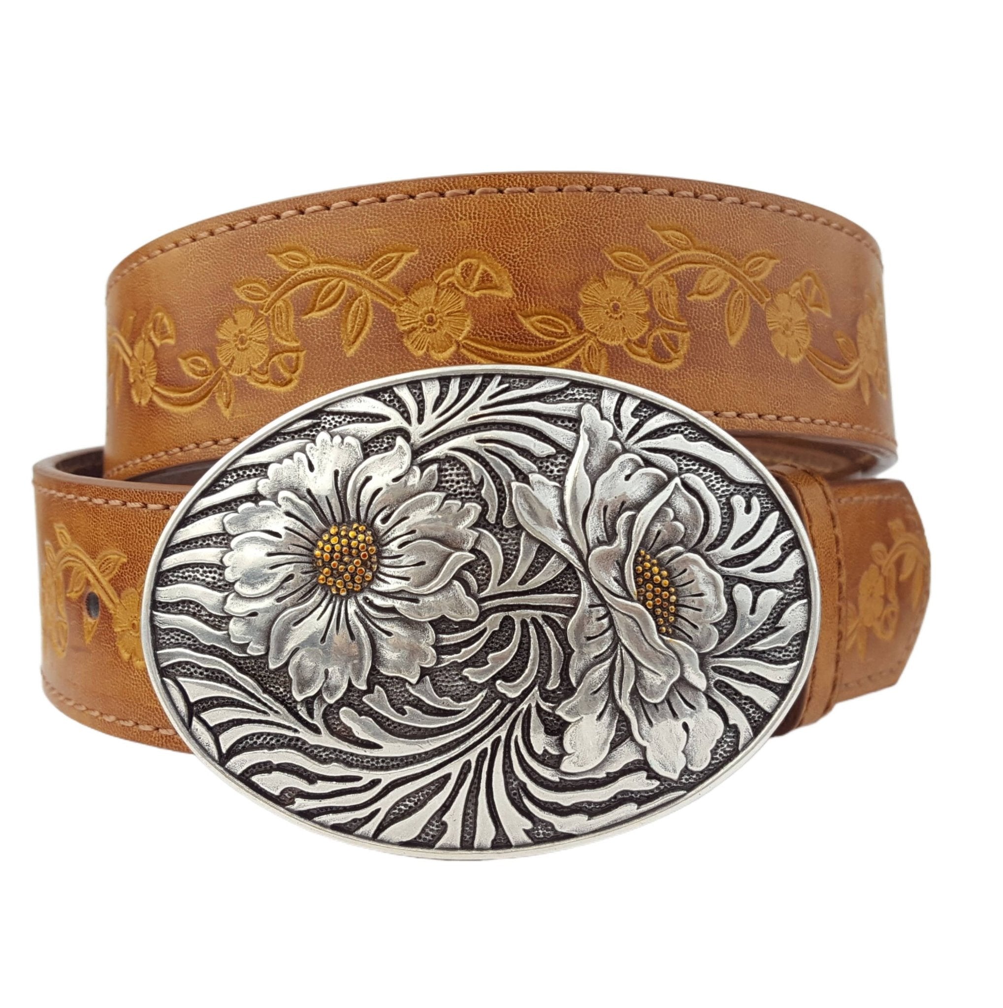 Western Sunflower Buckle with Vintage Floral Tooled Belt — Two-Tone Silver & Gold - Rooted & Reckless Co.