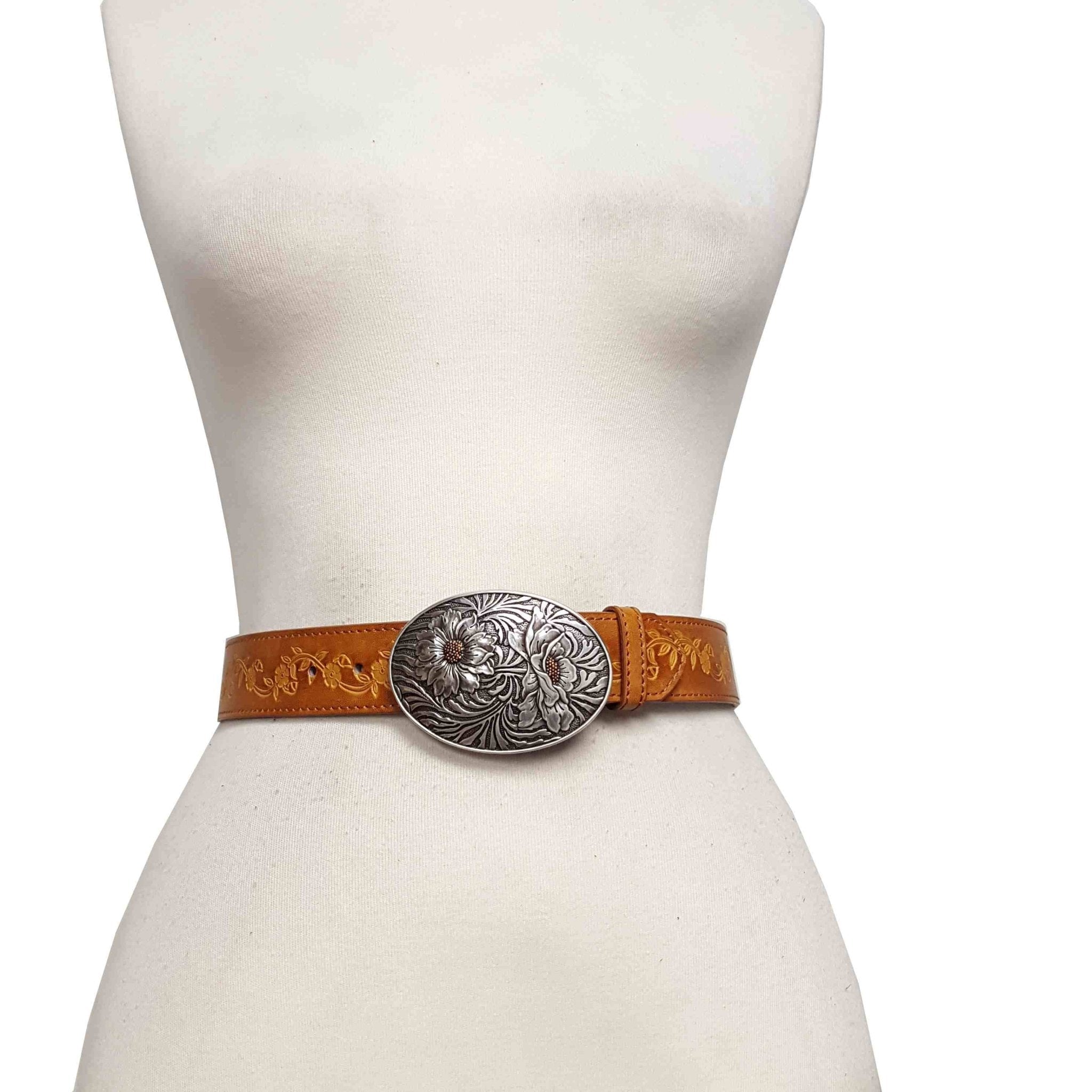 Western Sunflower Buckle with Vintage Floral Tooled Belt — Two-Tone Silver & Gold - Rooted & Reckless Co.