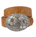 Western Sunflower Buckle with Vintage Floral Tooled Belt — Two-Tone Silver & Gold - Rooted & Reckless Co.
