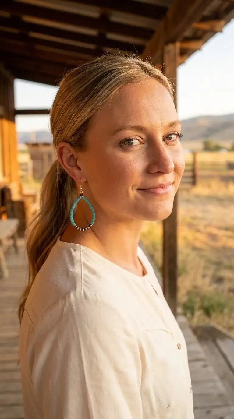 Western Teardrop Earrings with Faux Turquoise — Crafted 2½" Drop - Rooted & Reckless Co.