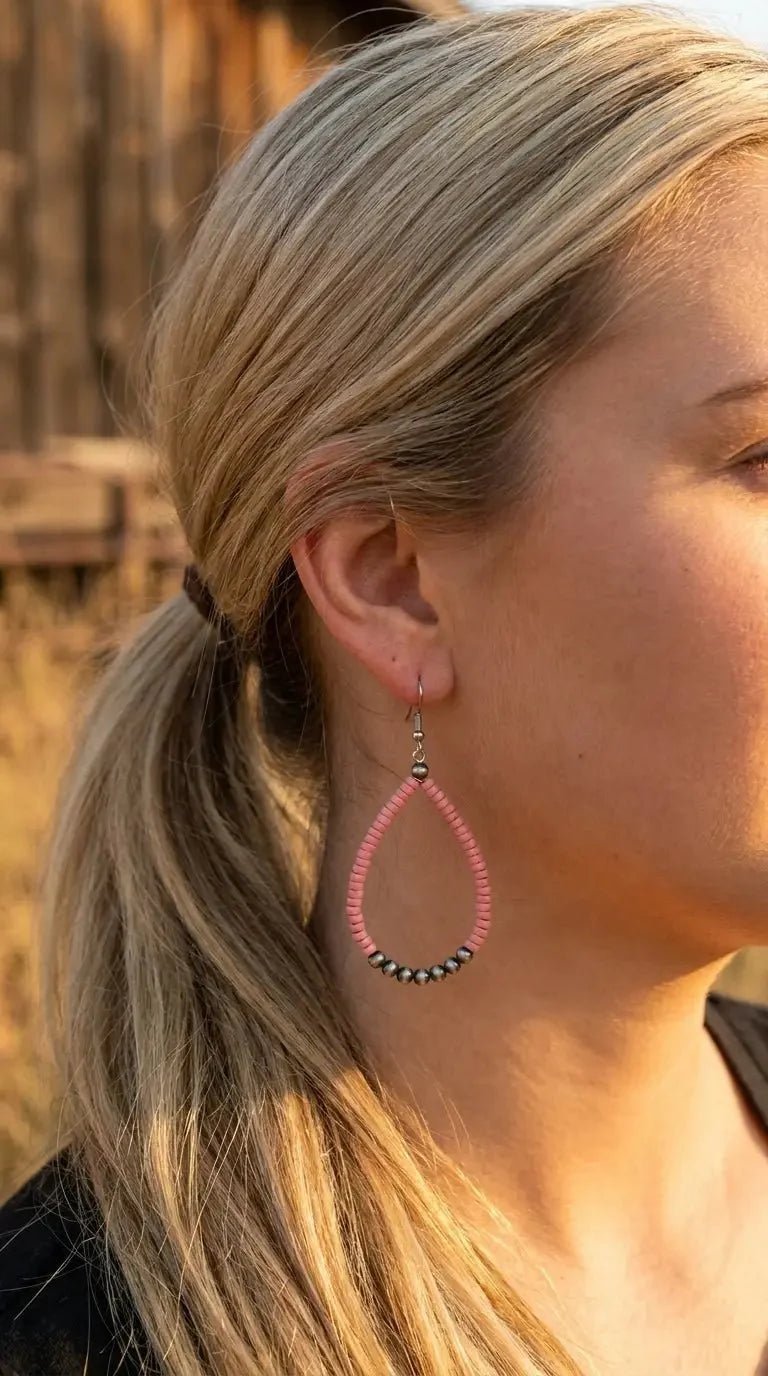 Western Teardrop Earrings with Pink Stones — 2½" Drop Southwestern Statement - Rooted & Reckless Co.