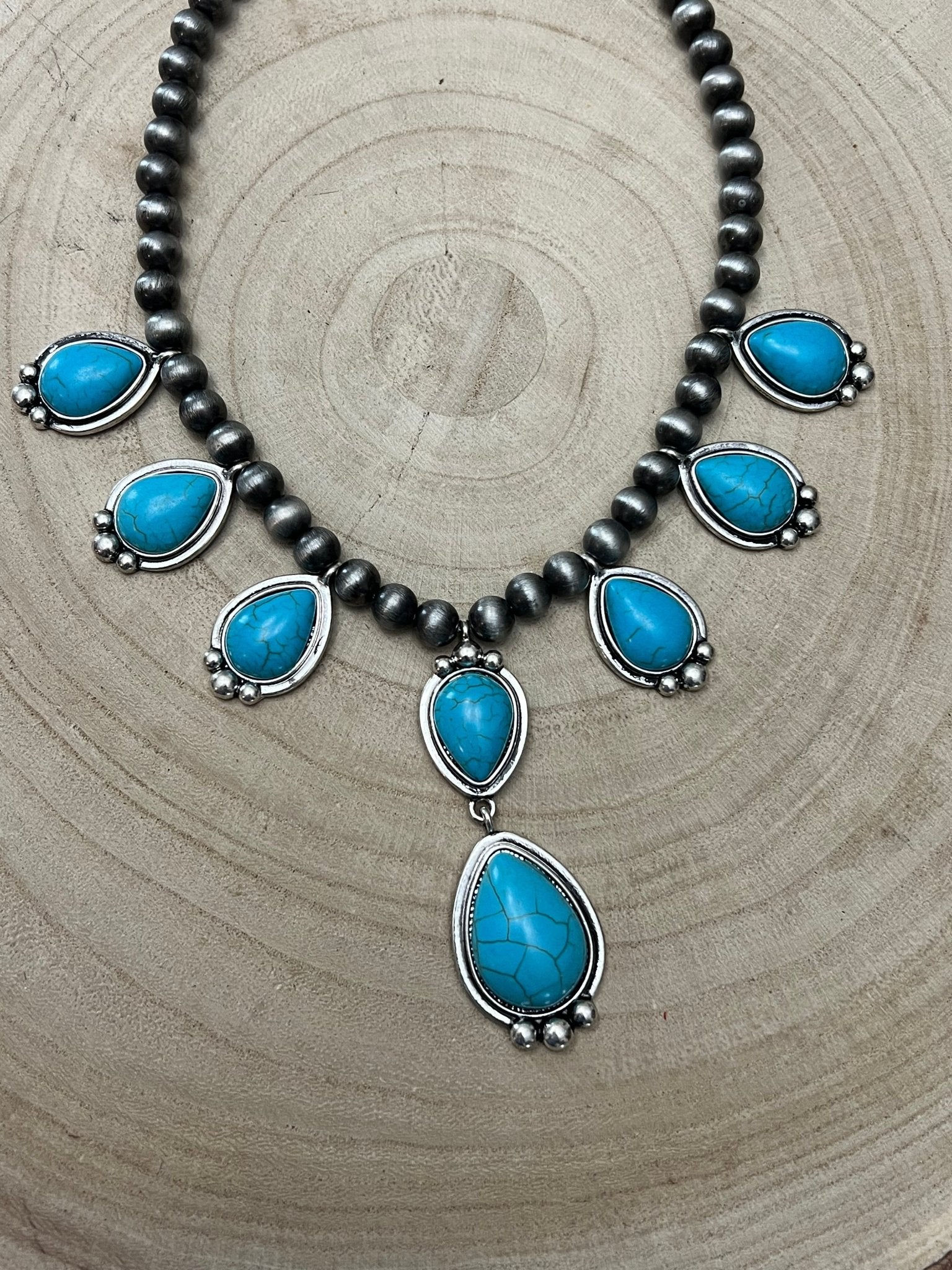 Western Teardrop Faux Turquoise & Sterling Pearl Necklace — 16 Inch Southwestern Pendant - Rooted & Reckless Co.