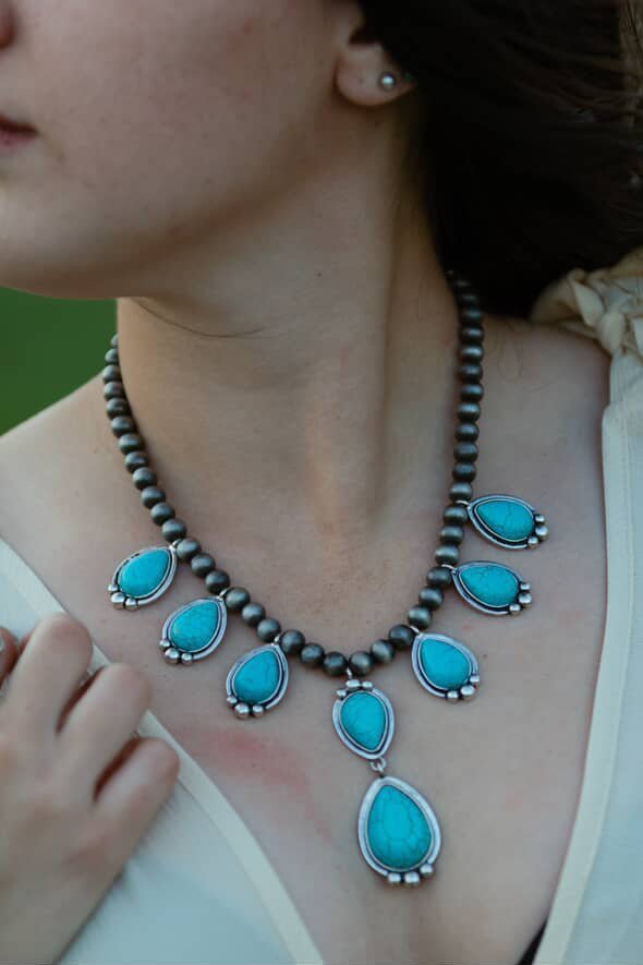 Western Teardrop Faux Turquoise & Sterling Pearl Necklace — 16 Inch Southwestern Pendant - Rooted & Reckless Co.