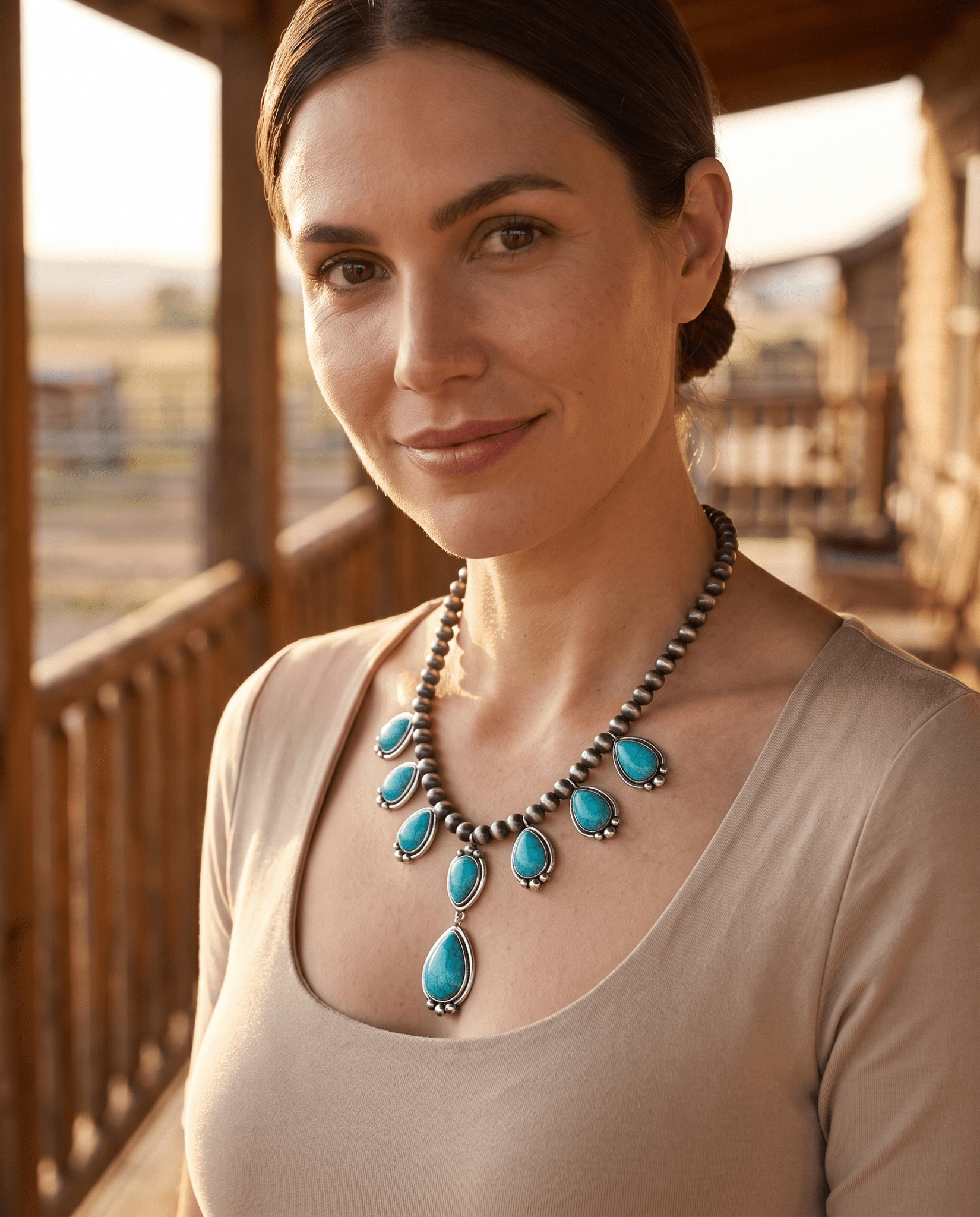 Western Teardrop Faux Turquoise & Sterling Pearl Necklace — 16 Inch Southwestern Pendant - Rooted & Reckless Co.