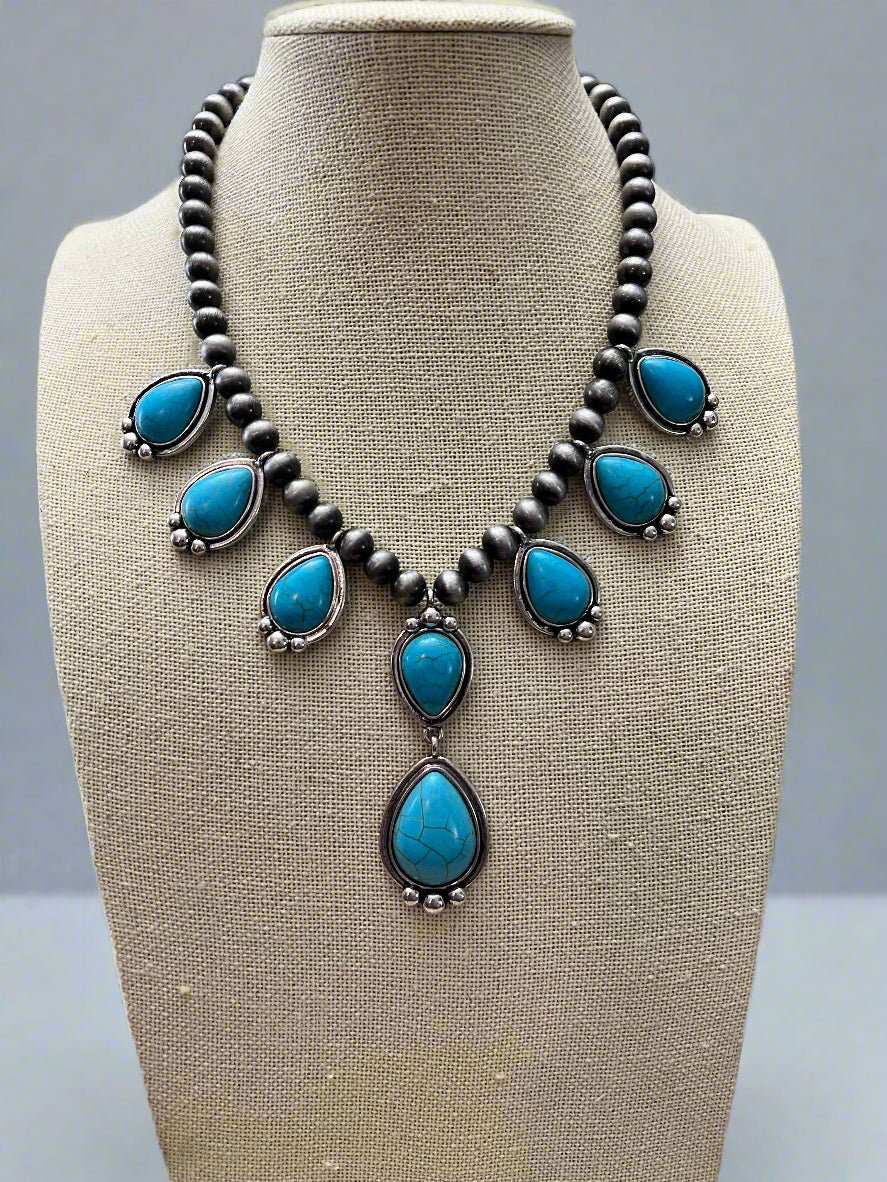 Western Teardrop Faux Turquoise & Sterling Pearl Necklace — 16 Inch Southwestern Pendant - Rooted & Reckless Co.