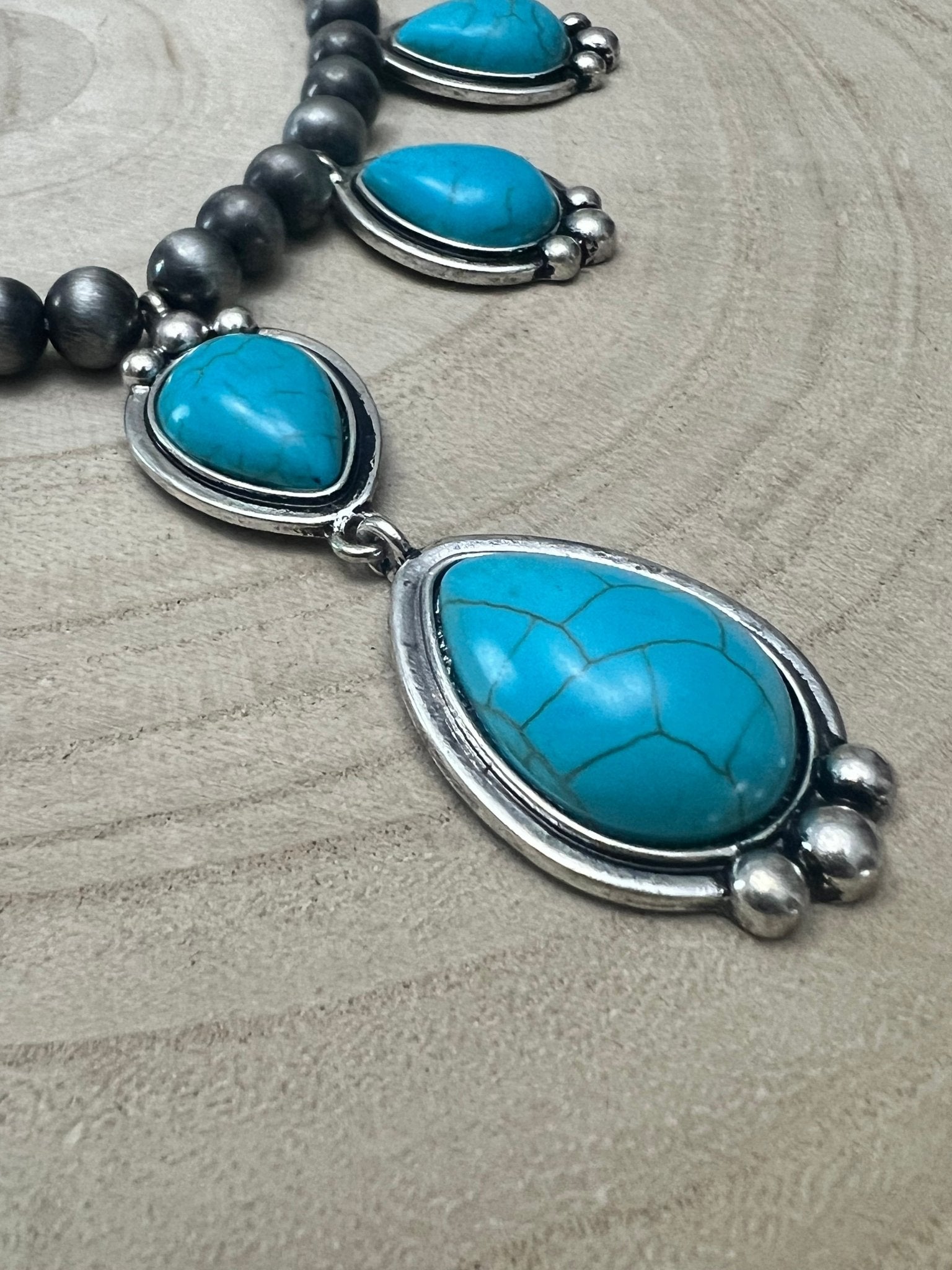 Western Teardrop Faux Turquoise & Sterling Pearl Necklace — 16 Inch Southwestern Pendant - Rooted & Reckless Co.