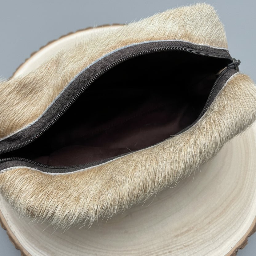 Western Toiletry Bag — Beige Hair-on-Hide Cowhide (8" Travel-Ready) - Rooted & Reckless Co.
