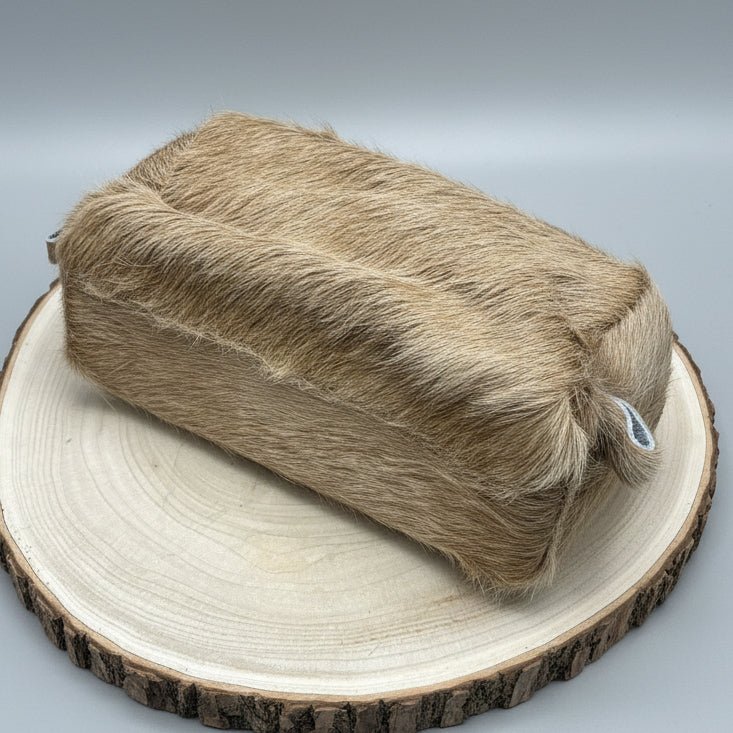 Western Toiletry Bag — Beige Hair-on-Hide Cowhide (8" Travel-Ready) - Rooted & Reckless Co.