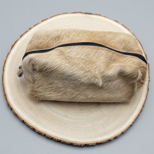 Western Toiletry Bag — Beige Hair-on-Hide Cowhide (8" Travel-Ready) - Rooted & Reckless Co.