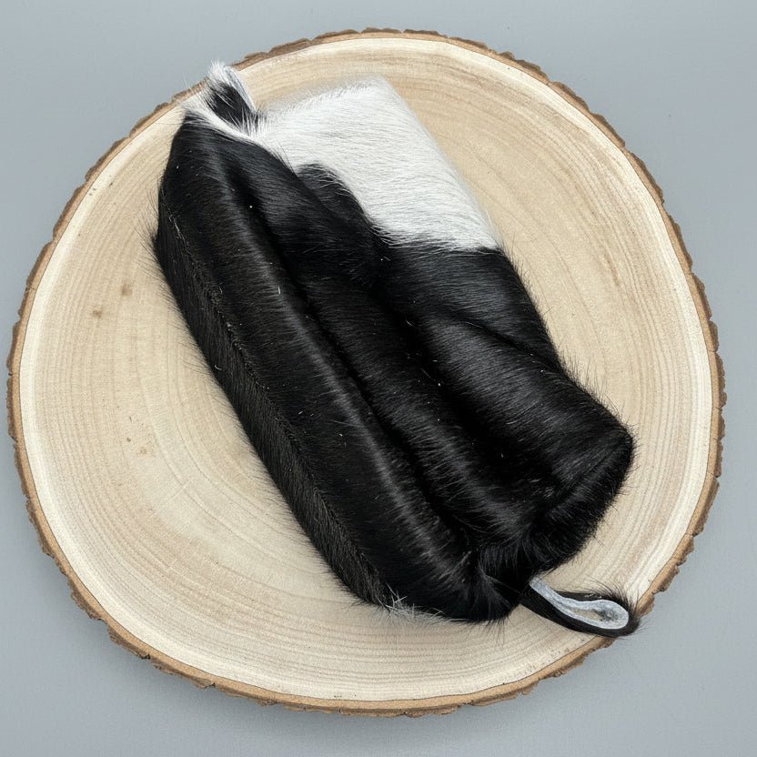 Western Toiletry Bag — Black & White Hair-on-Hide Cowhide (8" Travel-Ready) - Rooted & Reckless Co.