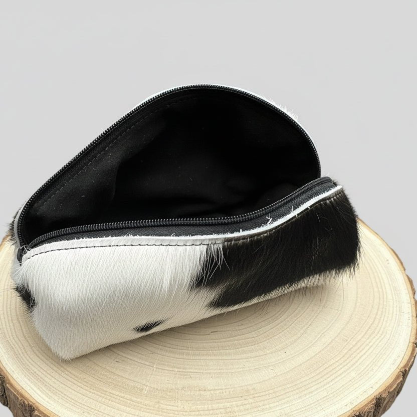 Western Toiletry Bag — Black & White Hair-on-Hide Cowhide (8" Travel-Ready) - Rooted & Reckless Co.