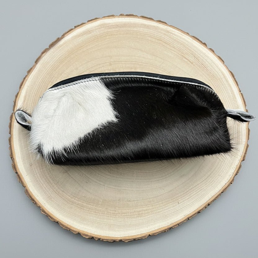 Western Toiletry Bag — Black & White Hair-on-Hide Cowhide (8" Travel-Ready) - Rooted & Reckless Co.