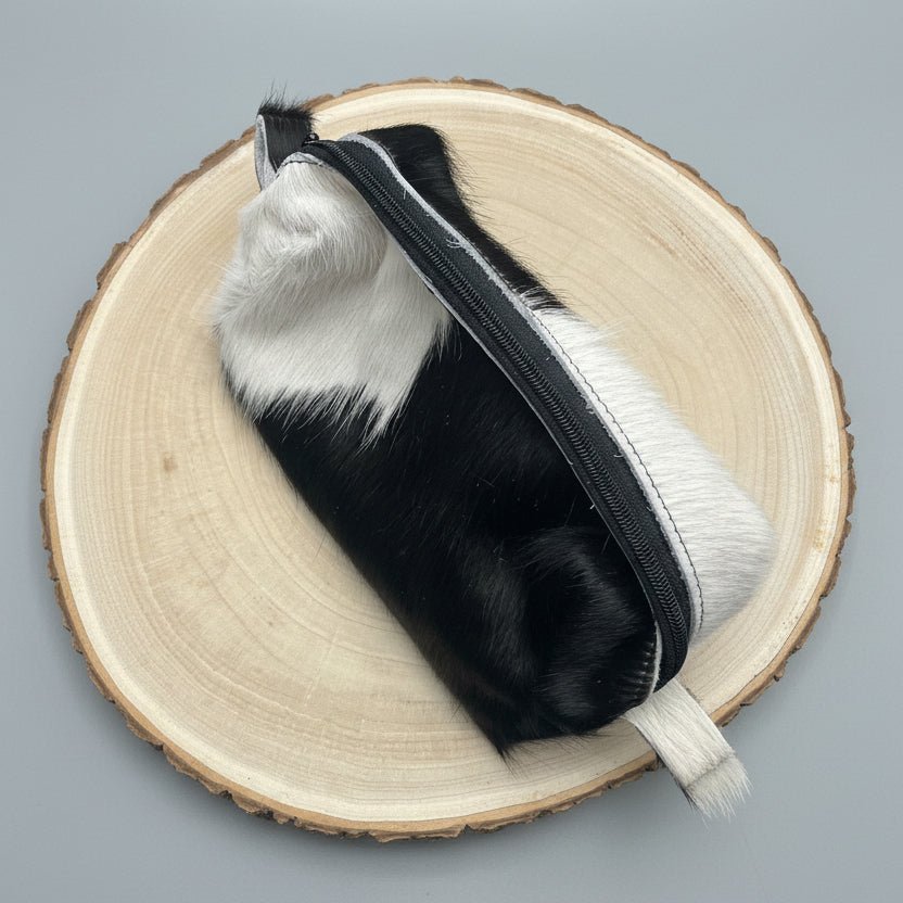 Western Toiletry Bag — Black & White Hair-on-Hide Cowhide (8" Travel-Ready) - Rooted & Reckless Co.