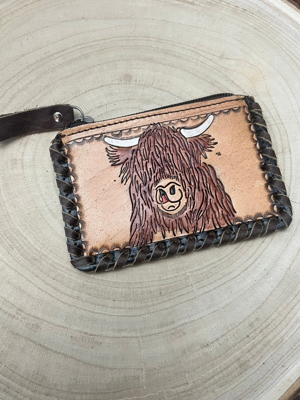 Western Tooled Leather & Cowhide Coin & Card Purse — Highland Cow Hair-on-Hide Theme (5" x 3") - Rooted & Reckless Co.
