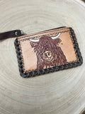 Western Tooled Leather & Cowhide Coin & Card Purse — Highland Cow Hair-on-Hide Theme (5" x 3") - Rooted & Reckless Co.