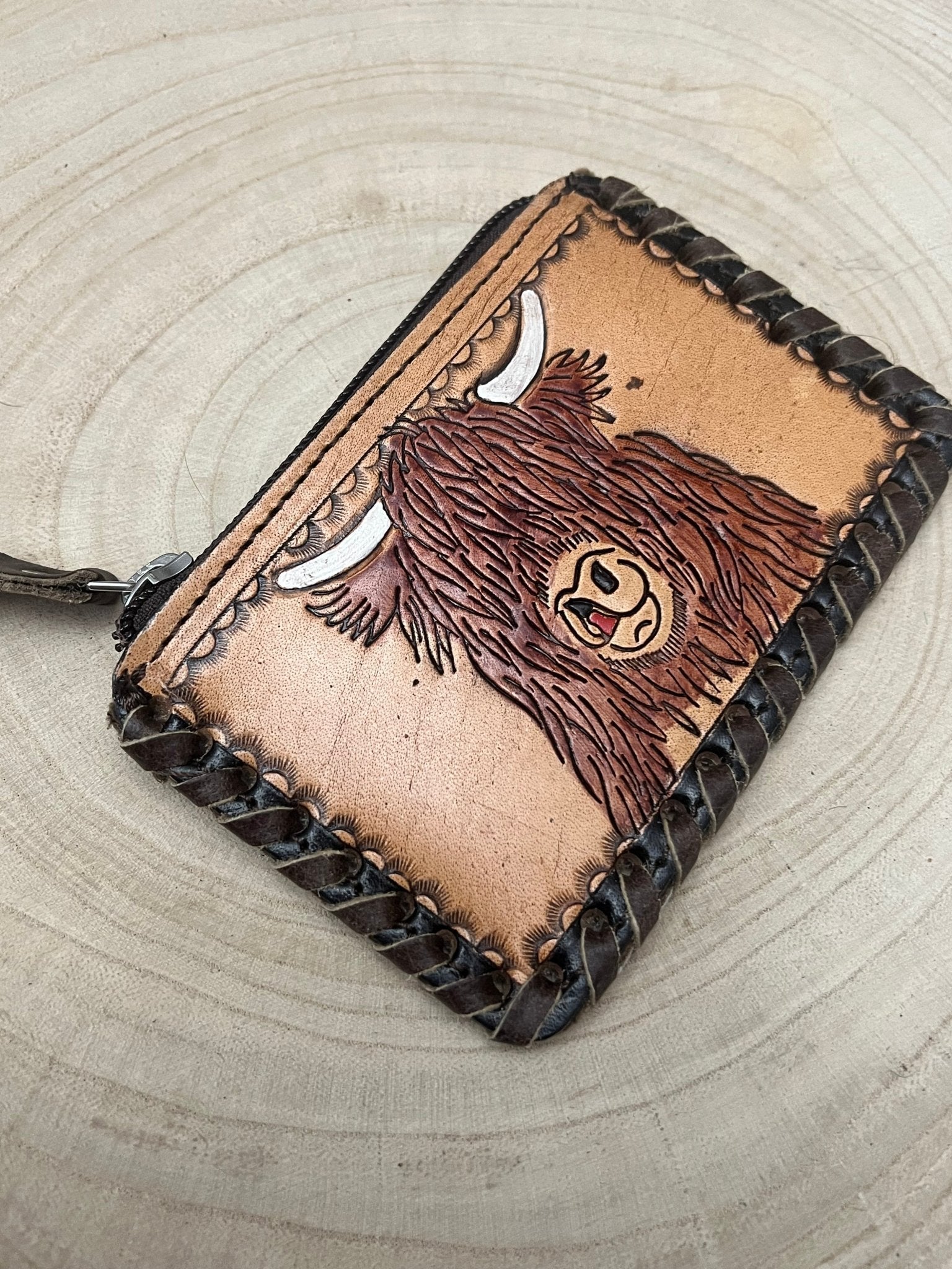 Western Tooled Leather & Cowhide Coin & Card Purse — Highland Cow Hair-on-Hide Theme (5" x 3") - Rooted & Reckless Co.