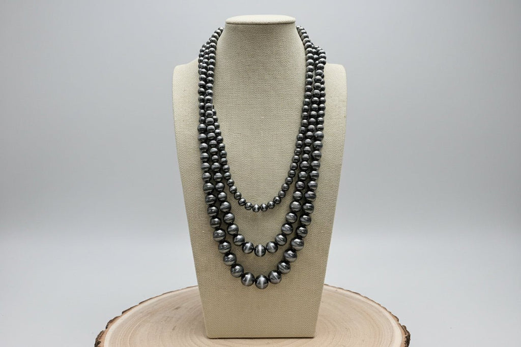 Western Triple-Strand Burnished Faux Sterling Pearl Necklace — Long Layered Set (24", 28", 35") - Rooted & Reckless Co.