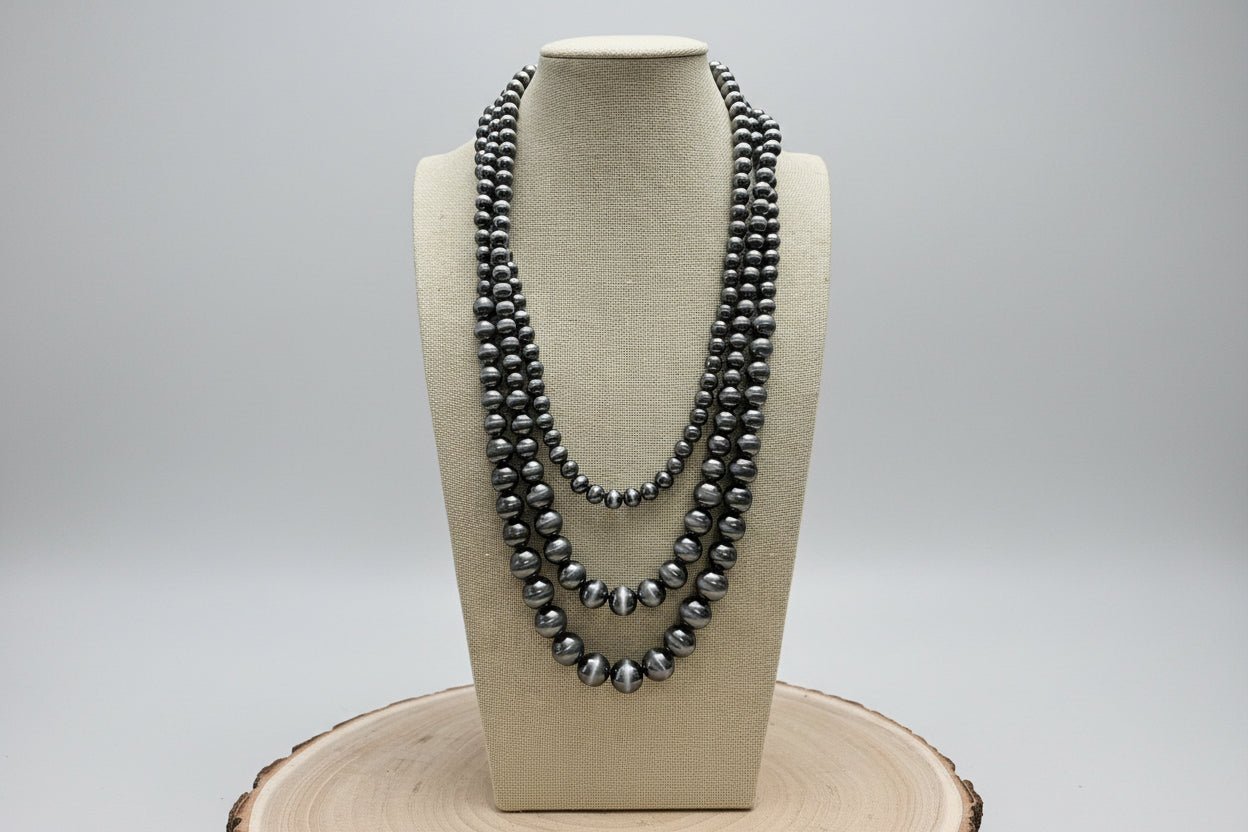 Western Triple-Strand Burnished Faux Sterling Pearl Necklace — Long Layered Set (24", 28", 35") - Rooted & Reckless Co.