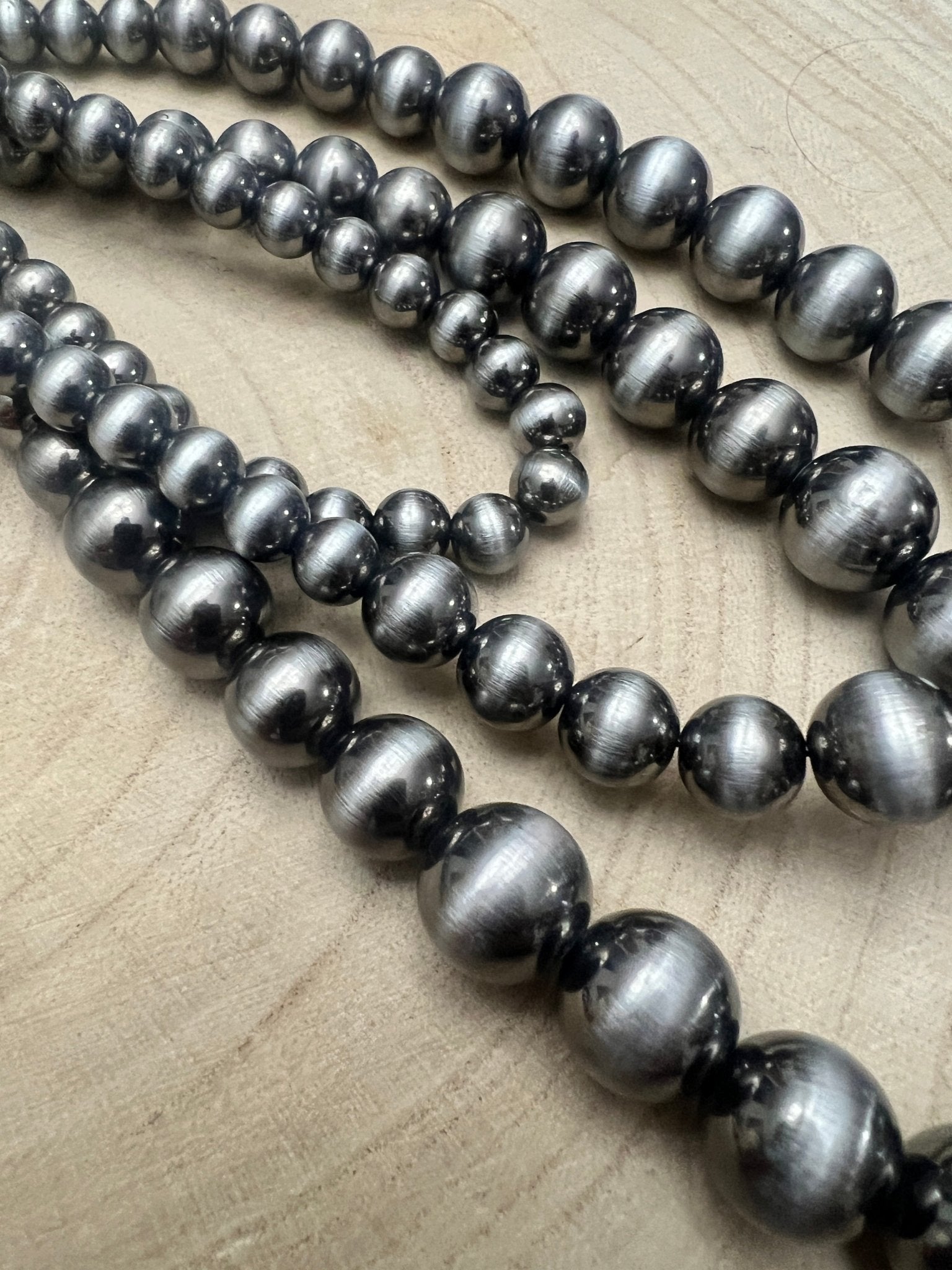 Western Triple-Strand Burnished Faux Sterling Pearl Necklace — Long Layered Set (24", 28", 35") - Rooted & Reckless Co.