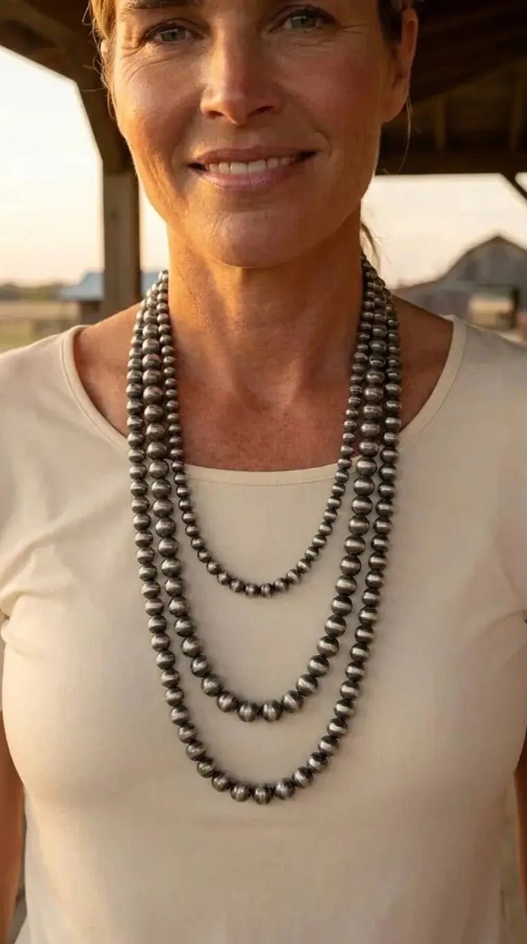 Western Triple-Strand Burnished Faux Sterling Pearl Necklace — Long Layered Set (24", 28", 35") - Rooted & Reckless Co.