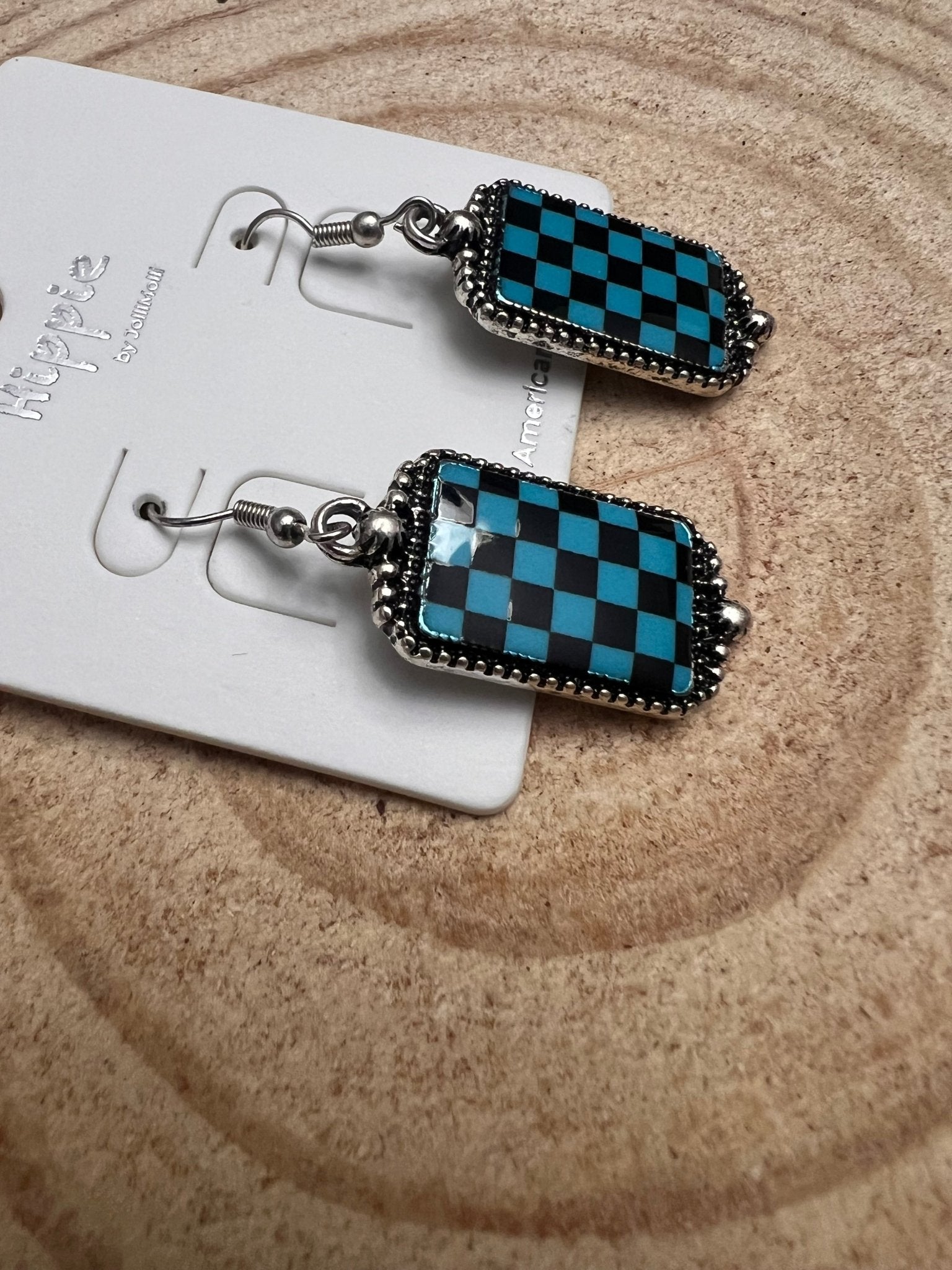 Western Turqoise and Black Checkered Rectangle Earrings — 1½" Drop - Rooted & Reckless Co.