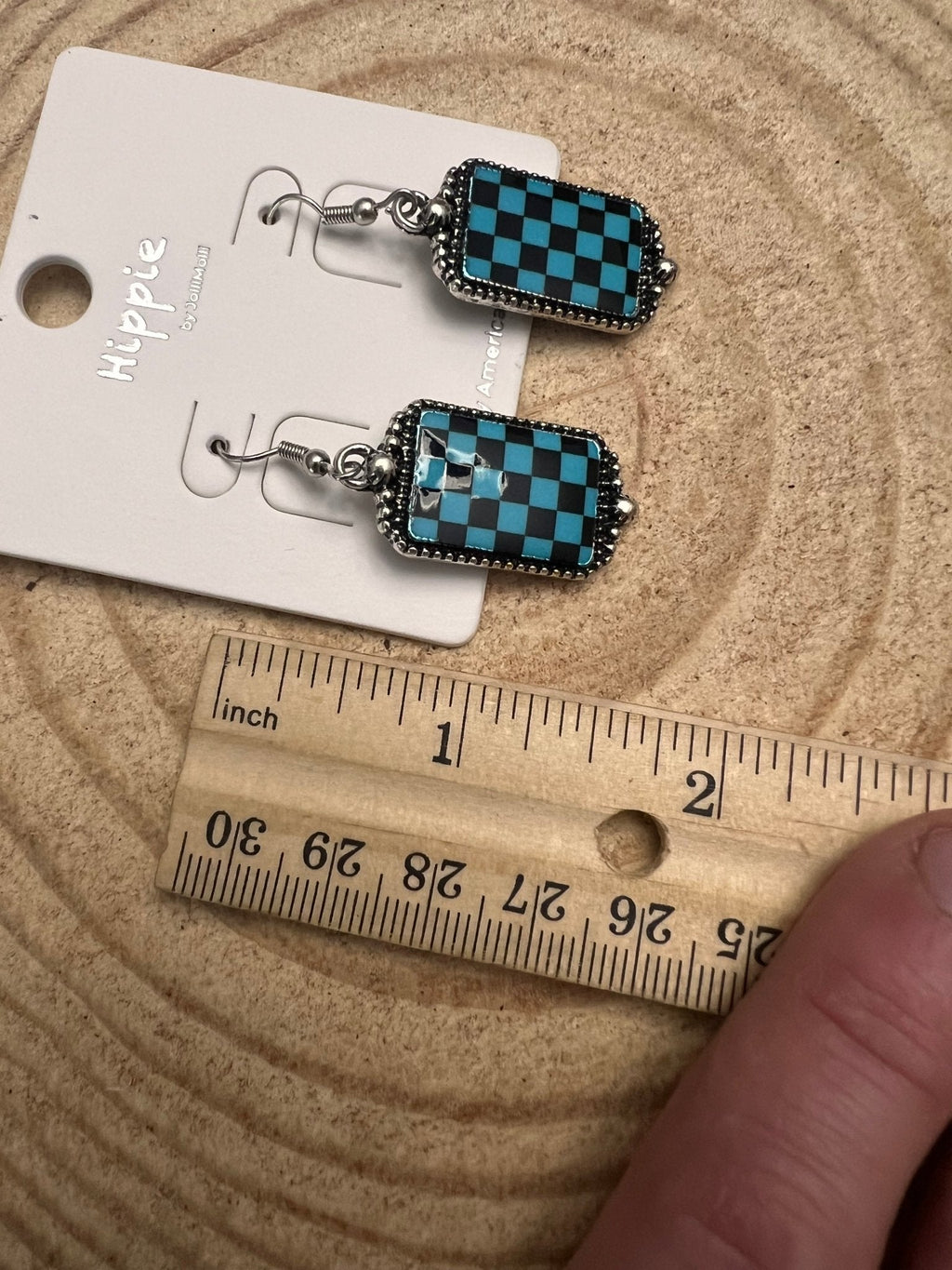 Western Turqoise and Black Checkered Rectangle Earrings — 1½" Drop - Rooted & Reckless Co.