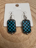 Western Turqoise and Black Checkered Rectangle Earrings — 1½" Drop - Rooted & Reckless Co.